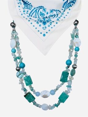 Boho Aqua Turquoise Multi Strand 26” 27”  Beaded Shell Stone Statement Necklace